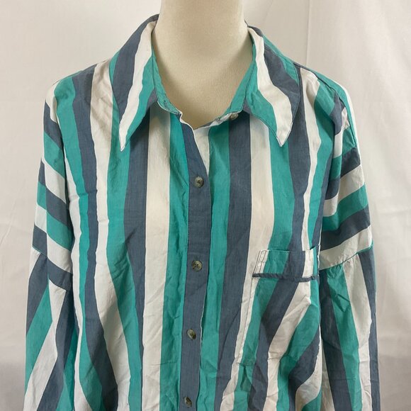 By Anthropologie Oversized Top L Dark Mint Blue White Stripe Button Front Pocket - Picture 3 of 11
